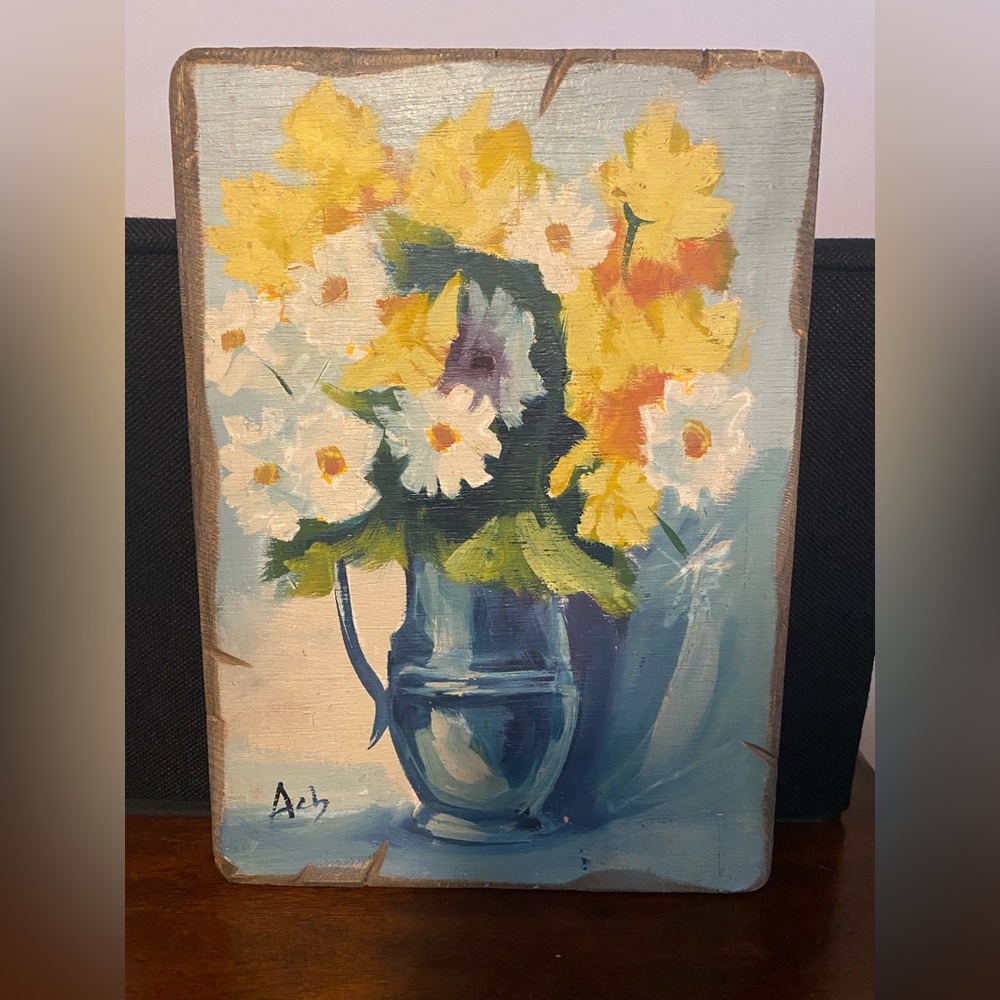 Vintage MCM Signed Still Life Painting on Wood Board / Plank of Flowers/